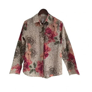 Chico's Floral Button Down Non-Iron Shirt Collared Size S 100% Cotton Multicolor